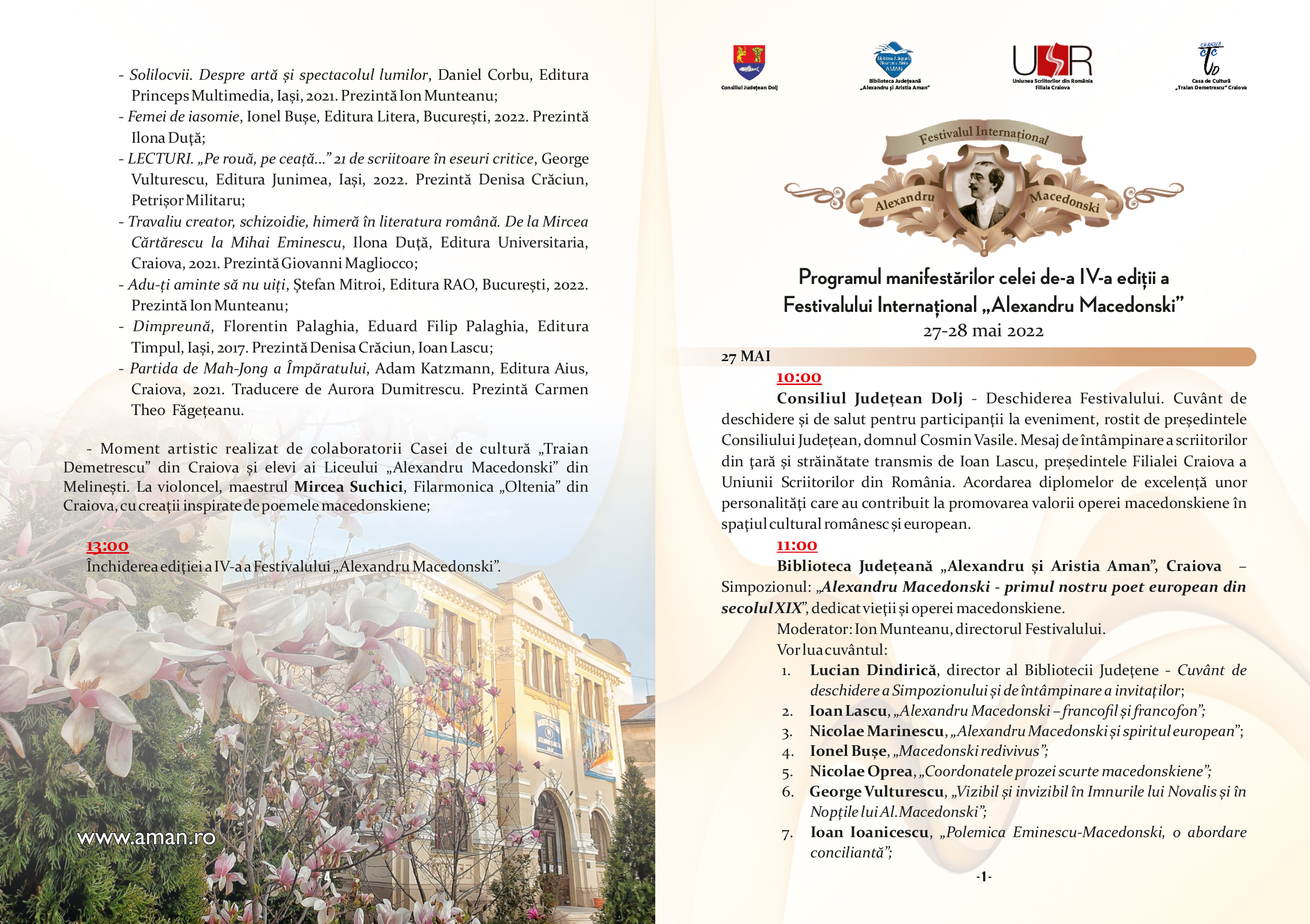 Programul manifestărilor celei de-a IV-a ediţii a Festivalului Internaţional Alexandru Macedonski 27-28 mai 2022