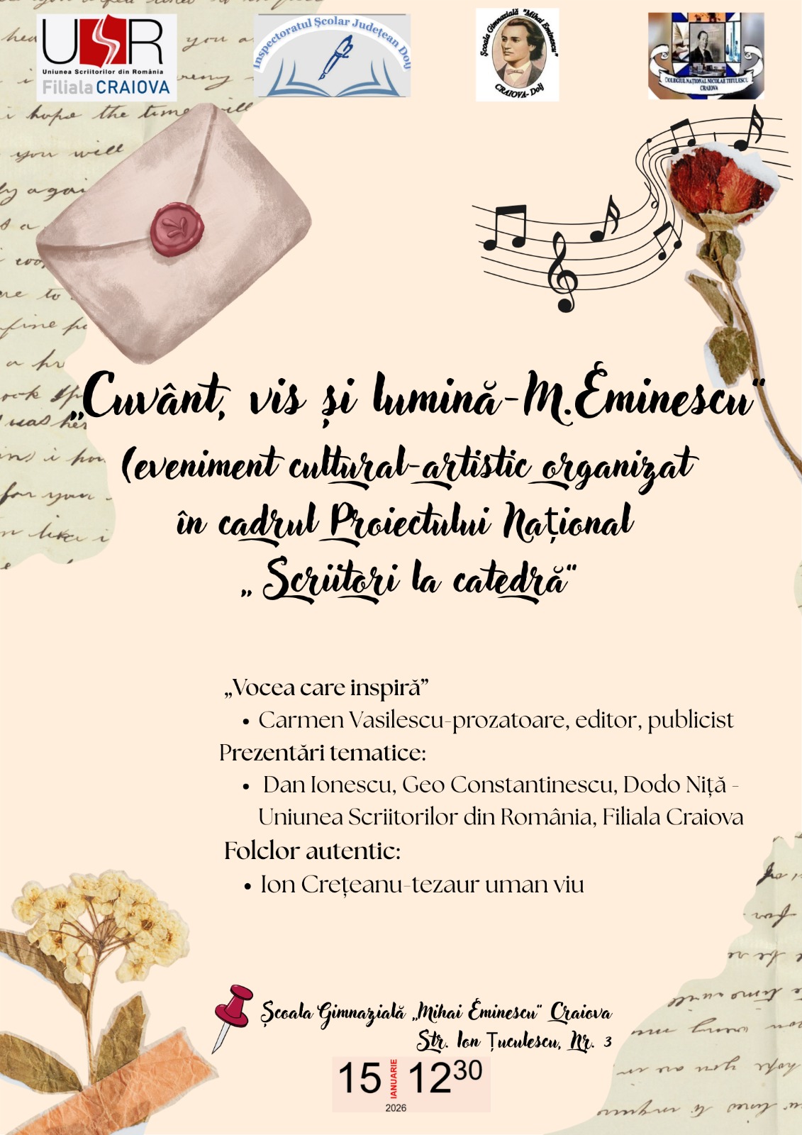 Întâlnire a scriitorilor din Filiala Craiova a USR cu elevii Școlii Gimnaziale Mihai Eminescu din Craiova