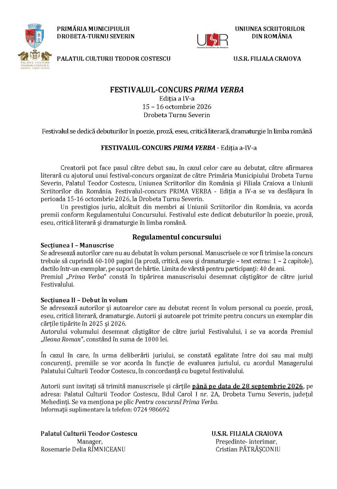 Festivalul-concurs PRIMA VERBA, ediția a IV-a 15–16 octombrie 2026, Drobeta-Turnu Severin