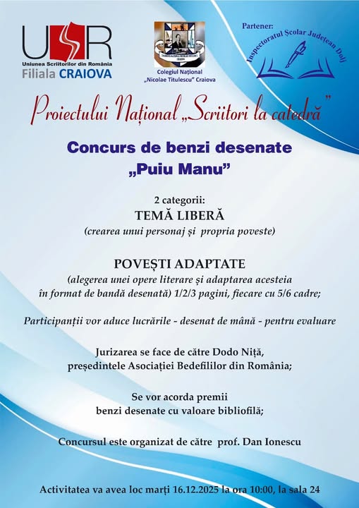 Concurs de benzi desenate Puiu Manu - ediția 2025, în cadrul proiectului Scriitori la catedră